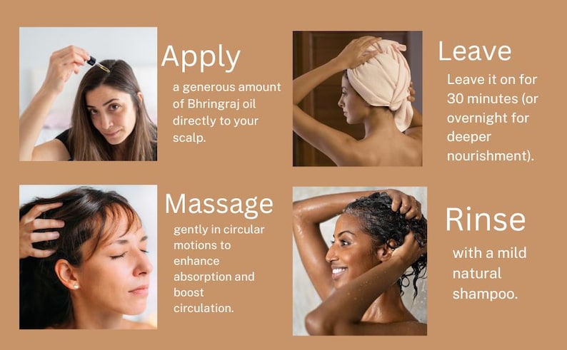May include: A four-step guide to using hair oil, featuring photos of people applying, massaging, leaving on, and rinsing hair oil. The text reads: Apply a generous amount of Bhringraj oil directly to your scalp. Leave it on for 30 minutes (or overnight for deeper nourishment). Massage gently in circular motions to enhance absorption and boost circulation. Rinse with a mild natural shampoo.