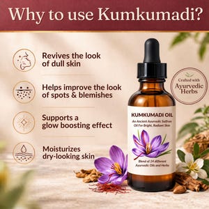 May include: A brown glass bottle of Kumkumadi Oil with a black dropper, featuring a purple flower and text. The label reads "An Ancient Ayurvedic Saffron Oil For Bright, Radiant Skin." The image also includes text about the oil's benefits.