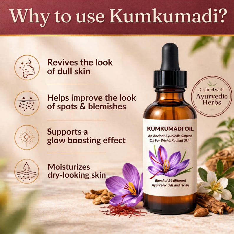 May include: A brown glass bottle of Kumkumadi Oil with a black dropper, featuring a purple flower and text. The label reads "An Ancient Ayurvedic Saffron Oil For Bright, Radiant Skin." The image also includes text about the oil's benefits.