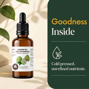 Single bottle beside green leaves, Goodness Inside panel, cold pressed soursop oil botanical branding