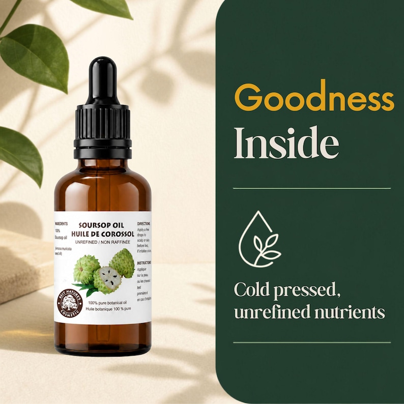 Single bottle beside green leaves, Goodness Inside panel, cold pressed soursop oil botanical branding