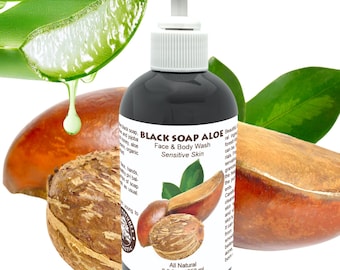 Jabón negro natural con aloe para rostro y cuerpo, ideal para pieles sensibles. 250 ml (8.5 oz).