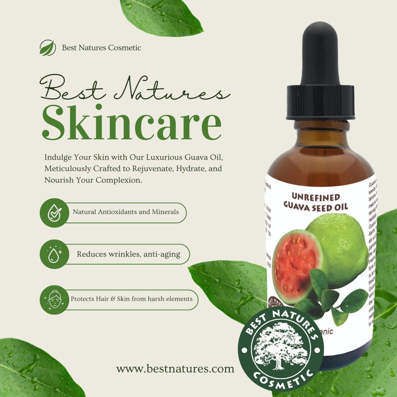 May include: A glass bottle of unrefined guava seed oil with a green label and a green leaf design. The label says "Unrefined Guava Seed Oil". The bottle is sitting on a white background with green leaves.