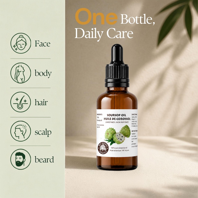 Centered amber bottle with icons listing face hair scalp beard body, soursop seed oil one-bottle care