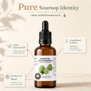 Two angled bottles showing label detail and graviola illustrations, pure soursop oil origin notes visible