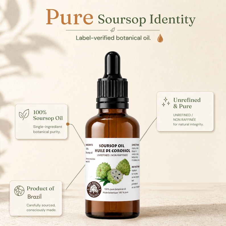 Two angled bottles showing label detail and graviola illustrations, pure soursop oil origin notes visible