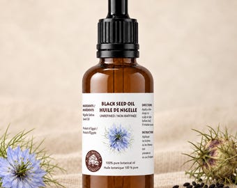 May include: A brown glass dropper bottle containing black seed oil with a white label featuring the text Black Seed Oil, Huile de Nigelle, Unrefined, and 100% pure botanical oil. The label includes ingredient and direction text in English and French.