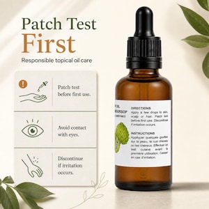 Instructional layout with bottle, patch test tips and icons, cold pressed soursop seed oil guidance