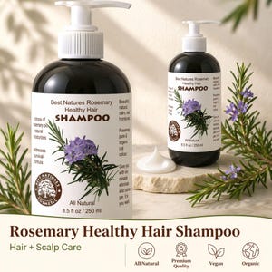 Puede incluir: Dos botellas de champú negras con bombas blancas, etiquetadas como "Best Natures Rosemary Healthy Hair Shampoo". Cada botella presenta una ramita de romero y flores moradas. Las botellas son de 250 ml. Una porción de champú blanco está sobre una piedra.