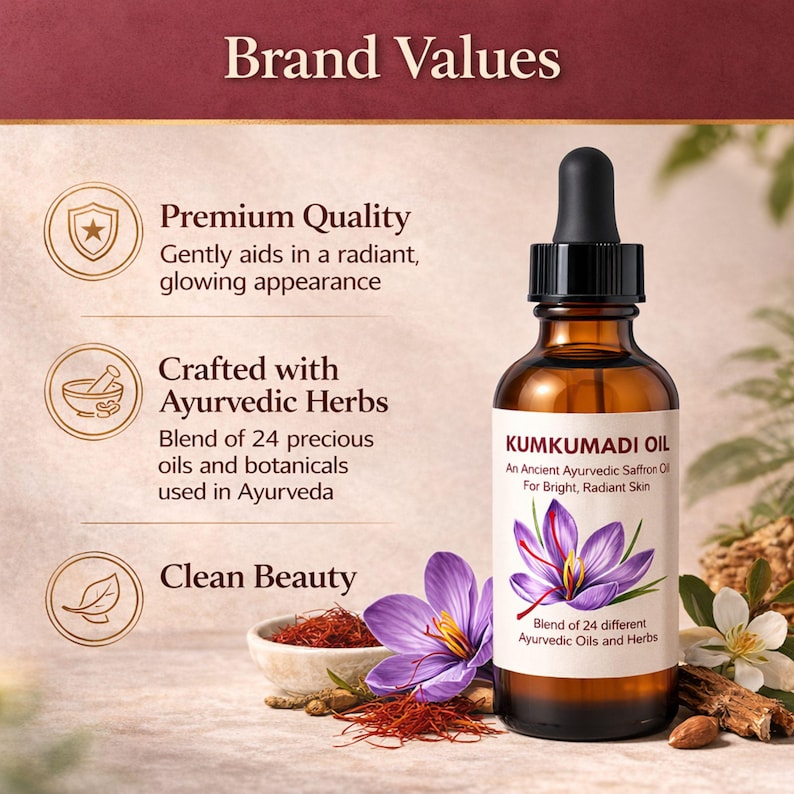 May include: A brown glass bottle of Kumkumadi Oil with a black dropper, featuring a purple flower illustration. The label reads "An Ancient Ayurvedic Saffron Oil For Bright, Radiant Skin." The image includes saffron threads and flowers.