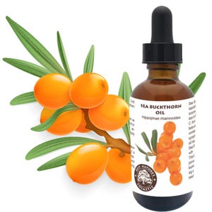 May include: A brown glass bottle of Sea Buckthorn Oil with a black dropper, next to a branch of orange sea buckthorn berries and green leaves. The label reads "Sea Buckthorn Oil" and "Best Nature's Cosmetic".