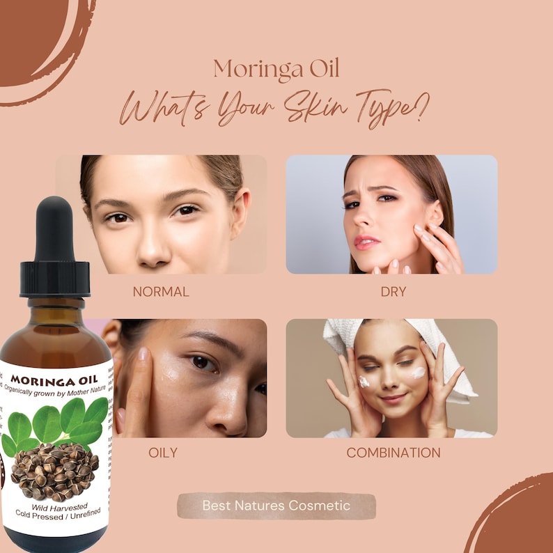 May include: A brown glass bottle of Moringa Oil with a dropper. The bottle label says "Moringa Oil" and "Organically grown by Mother Nature". The bottle is surrounded by four images of women with different skin types: normal, dry, oily, and combination. The text "What's Your Skin Type?" is at the top of the image.