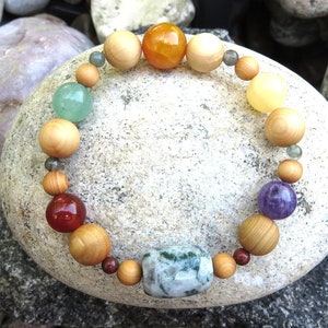 May include: A rainbow chakra bracelet with wooden beads and gemstone beads. The bracelet features seven different colored beads, including green, red, orange, yellow, purple, and a light green stone.