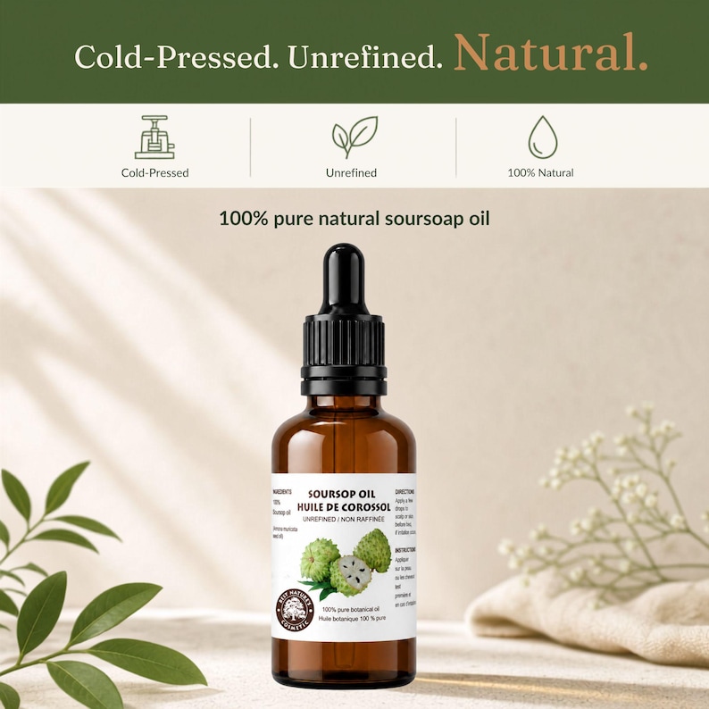 Tall amber bottle with minimal styling, pressed unrefined natural copy, virgin guanabana oil emphasis