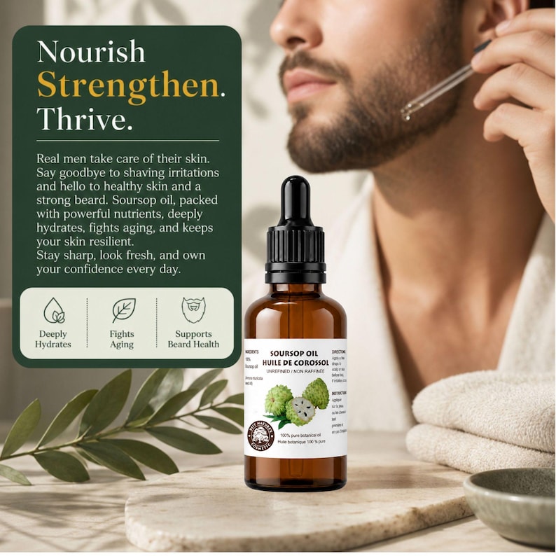 Bearded model applying oil near jaw, bottle and soursop seed oil callouts, grooming and beard care focus