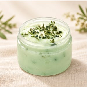 Peut inclure: Un pot en plastique transparent et rond rempli d'une substance crémeuse vert clair. La surface supérieure de la crème est texturée et parsemée de petits morceaux d'herbes séchées vert foncé, également visibles dans le mélange vert clair.