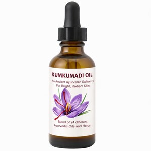 May include: A brown glass bottle of Kumkumadi Oil with a black dropper. The label features a purple flower illustration and text that reads "An Ancient Ayurvedic Saffron Oil For Bright, Radiant Skin". The bottle contains a blend of 24 Ayurvedic oils and herbs.
