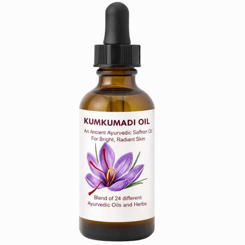 May include: A brown glass bottle of Kumkumadi Oil with a black dropper. The label features a purple flower illustration and text that reads "An Ancient Ayurvedic Saffron Oil For Bright, Radiant Skin". The bottle contains a blend of 24 Ayurvedic oils and herbs.