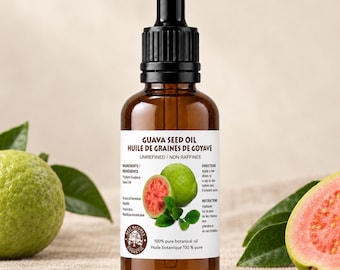 Può includere: Un flacone contagocce in vetro ambrato di olio di semi di guava con un'etichetta bianca riportante il testo Guava Seed Oil, Huile de graines de goyave, Unrefined, Non raffinée, Ingredients, Directions e 100% pure botanical oil, 100% huile botanique.