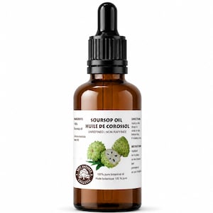 Clean studio close-up, amber dropper bottle of soursop seed oil, crisp white background and label