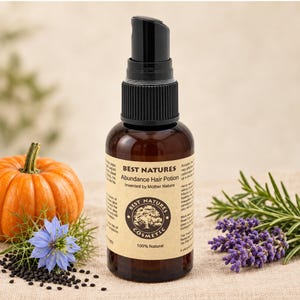 Könnte beinhalten: Eine braune Glas-Pumpflasche mit dem Etikett Best Natures Abundance Hair Potion, einem kreisförmigen Logo mit einem Baum und dem Text 100% Natural. Die Flasche ist umgeben von einem kleinen orangefarbenen Kürbis, einer blauen Blume, schwarzen Samen und Lavendel.