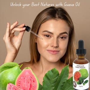 May include: A woman applies unrefined guava seed oil to her face. The bottle is labeled "Unrefined Guava Seed Oil" and "Organic". The image also features fresh guava fruit.