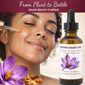 May include: A woman's face with a dropper applying oil, next to a bottle of Kumkumadi Oil. The bottle has a label with a purple flower and text that reads "An Ancient Ayurvedic Saffron Oil For Bright, Radiant Skin". The image also includes a purple flower and turmeric.