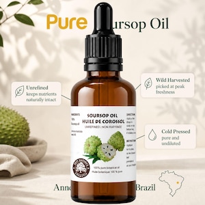 Centered amber bottle labeled pure soursop oil, botanical graviola fruit art, light cream backdrop