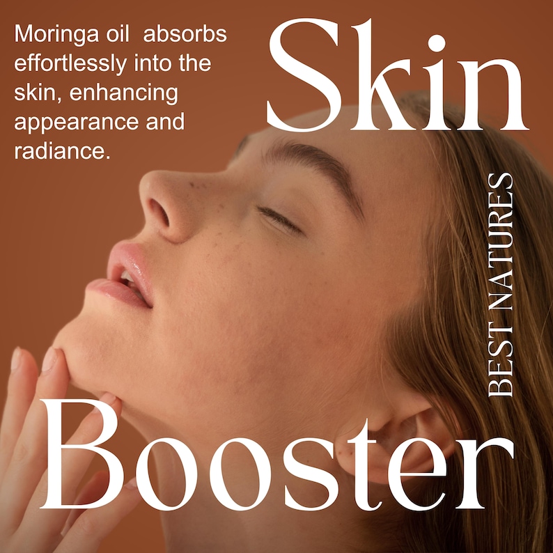 May include: A woman with her eyes closed, touching her chin with her hand. The text "Skin Booster" is in large white letters at the bottom of the image. The text "BEST NATURES" is vertically oriented on the right side of the image. The background is a light brown color.