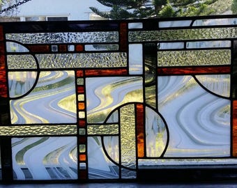 Abstract Stained Glass Window Panel with Circles / Geometric Textured Glass Art