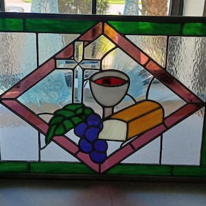 Stained Glass Religious Panel/Housewarming Gift/Bread Grapes and Wine/Religious Symbol/Glass Cross/Glass Food Decor/Christian Art Glass