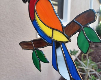 Parrot Stained Glass Suncatcher: Tropical Bird Ornament / Yard Art Decoration