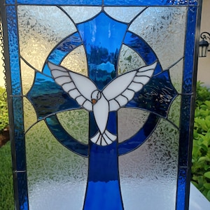 Large Stained Glass Cross / Dove and Cross /Religious Glass Art / Cross Window Panel / Cross in Stained Glass / Religious Gift/Dove of Peace
