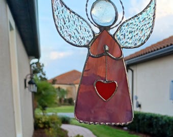 Angel Stained Glass Suncatcher: Heart Ornament, Sympathy and Remembrance Gift