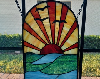 Stained Glass Sunset / Sun Rays in Glass /Mother's Day Gift / Stained Glass Birds/Ocean and Sunset / Sun and Sea / Housewarming Gift