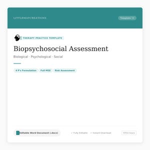 Pode incluir: Um modelo de documento turquesa e branco intitulado "Avaliação Biopsicossocial". O documento inclui o texto "Biológico, Psicológico, Social" e botões para "Formulação 4 P", "Full MSE" e "Avaliação de Risco". O documento é rotulado como "Documento Word Editável (.docx)".