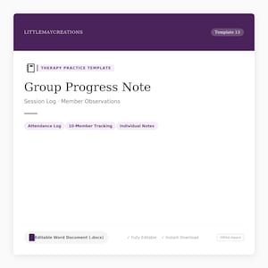 Può includere: Un modello digitale per una Nota di Progresso di Gruppo, con un'intestazione viola con il testo "LITTLEMAYCREATIONS" e "Template 13". Il documento include sezioni per i registri delle sessioni, le osservazioni dei membri e il monitoraggio delle presenze. È un documento Word modificabile.