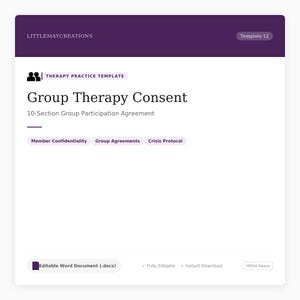 Könnte beinhalten: Weißes Dokument mit lila Kopf- und Fußzeile. Das Dokument trägt den Titel "Einverständniserklärung zur Gruppentherapie" und enthält den Text "10-Abschnitts-Gruppenteilnahmevereinbarung". Zusätzlicher Text umfasst "Mitgliedervertraulichkeit", "Gruppenvereinbarungen" und "Krisenprotokoll".