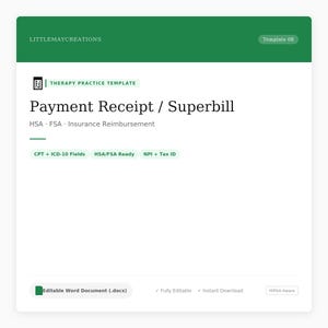 Therapy Payment Receipt Superbill Template | HSA | CPT Code | ICD-10 | Private Practice | Editable Word
