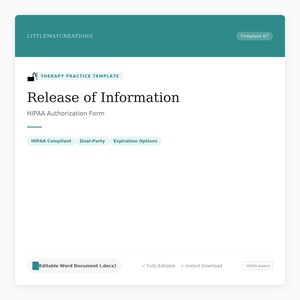 Release of Information Template | HIPAA Authorization Form | Mental Health Private Practice | Editable Word Doc
