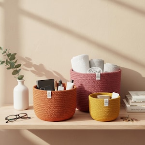 Handwoven Jute Bowl Set – Ethical Home Storage, Pink & Orange