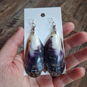 May include: A pair of handcrafted earrings featuring large, iridescent mussel shells. The shells display a gradient of colors, including white, purple, and brown, with silver-tone ear wires. The earrings are displayed on a white card.