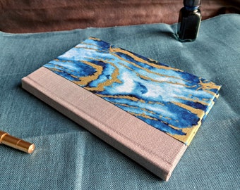 Gold and Blue Marble Journal, 100% Cotton Paper, Dotted Grid