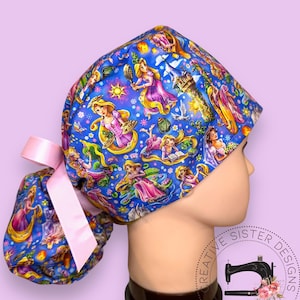 Long Hair Princess Ponytail Scrub Cap | Character Ponytail Scrub Cap | Medical Cap | Scrub Cap with Buttons |