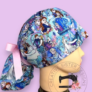 Frost Princess Ponytail Scrub Cap | Character Ponytail Scrub Cap | Medical Cap | Scrub Cap with Buttons |