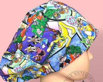 Easter Characters Fitted Euro Scrub Cap | Medical Cap | Nurses Cap | Scrub Cap with Buttons | Small Ponytail | Gift Shop | No Toggle |