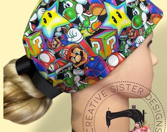 S. Mario Traditional Tie Back Cap | Scrub Cap | Medical Cap | Nurses Cap | Unisex Scrub Cap | Brother | Gift Shop