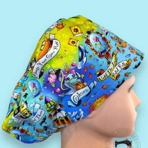 Tattoo Inspired Character Mashup Euro Scrub Cap | Scrub Cap | Medical Cap | Nurses Cap | Scrub Cap with Buttons | Small Ponytail |