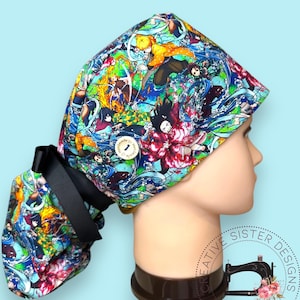 Fighting Characters Ponytail Scrub Cap | Character Ponytail Scrub Cap | Medical Cap | Scrub Cap with Buttons |