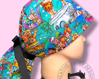 Yabba Dabba Doo Ponytail Scrub Cap | Character Ponytail Scrub Cap | Medical Cap | Scrub Cap with Buttons | Gift Shop